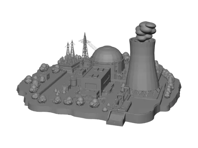 3D model for Isometric floating island diorama of a nuclear power plant, cream and 
beige industrial buildings, large dome reactor containment building, tall 
cylindrical cooling tower with white steam plume rising from top, 
electrical substation with grid pylons and transmission tower, teal-blue 
pipes connecting buildings, small green storage tanks, grey asphalt roads 
with yellow dashed lines, lush green trees and bushes along the edges, 
surrounding water with a small dam/spillway on one side, rough dirt and 
rock cliff edge cutting off underneath the island, clean flat-shaded 
isometric illustration style, soft even lighting from directly above, 
crisp architectural line detail, self-contained bounded diorama shape