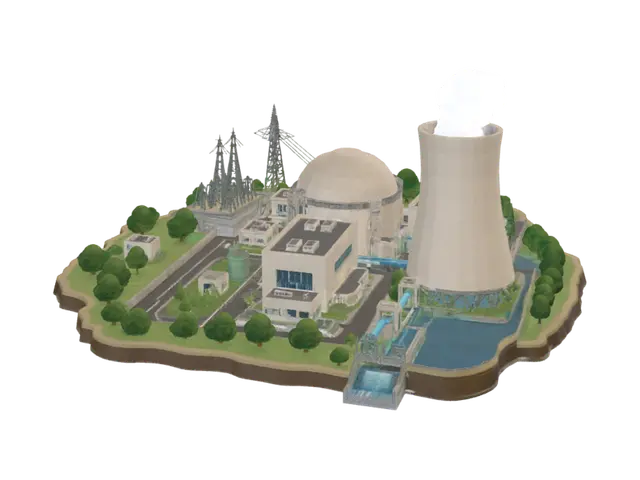3D model for Isometric floating island diorama of a nuclear power plant, cream and 
beige industrial buildings, large dome reactor containment building, tall 
cylindrical cooling tower with white steam plume rising from top, 
electrical substation with grid pylons and transmission tower, teal-blue 
pipes connecting buildings, small green storage tanks, grey asphalt roads 
with yellow dashed lines, lush green trees and bushes along the edges, 
surrounding water with a small dam/spillway on one side, rough dirt and 
rock cliff edge cutting off underneath the island, clean flat-shaded 
isometric illustration style, soft even lighting from directly above, 
crisp architectural line detail, self-contained bounded diorama shape