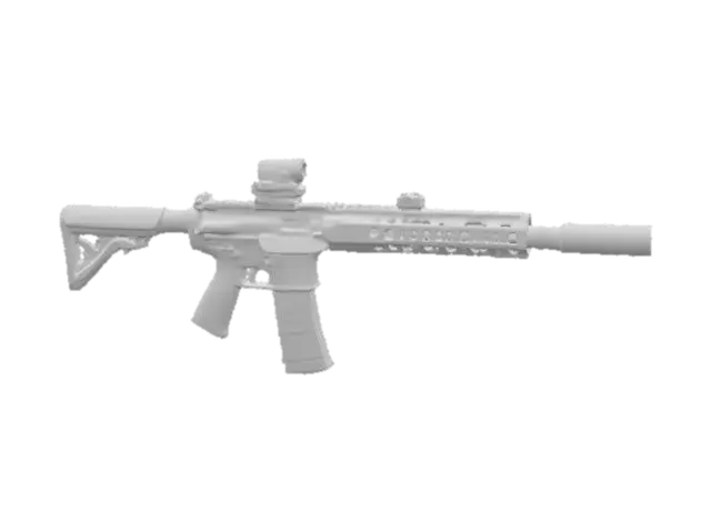 3D model for A highly detailed tactical battle rifle, low to medium-poly, featuring a 17-inch barrel and integrated Picatinny rail. Its textured polymer body is flat dark earth (#A59B8C), while all metal components are matte black (#000000). The clean geometry forms a symmetrical design, complete with folding iron sights, a vertical grip, an adjustable stock, and a detachable magazine. A red dot sight and laser module are mounted, and the muzzle is suppressor-ready, creating a distinct military weapon aesthetic without real-world branding.