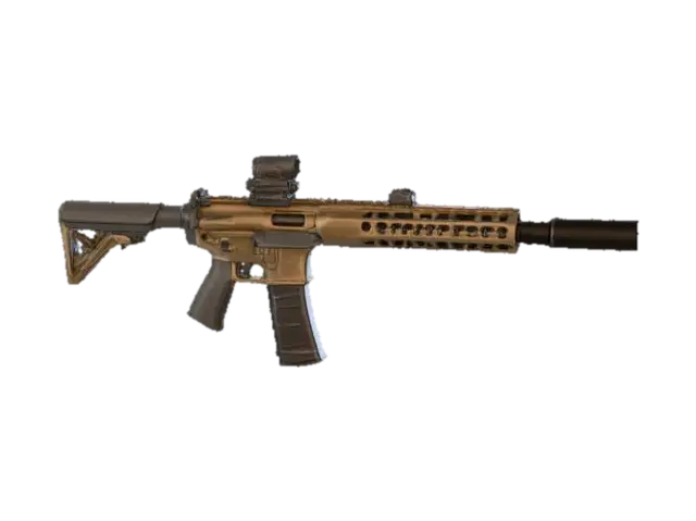 3D model for A highly detailed tactical battle rifle, low to medium-poly, featuring a 17-inch barrel and integrated Picatinny rail. Its textured polymer body is flat dark earth (#A59B8C), while all metal components are matte black (#000000). The clean geometry forms a symmetrical design, complete with folding iron sights, a vertical grip, an adjustable stock, and a detachable magazine. A red dot sight and laser module are mounted, and the muzzle is suppressor-ready, creating a distinct military weapon aesthetic without real-world branding.