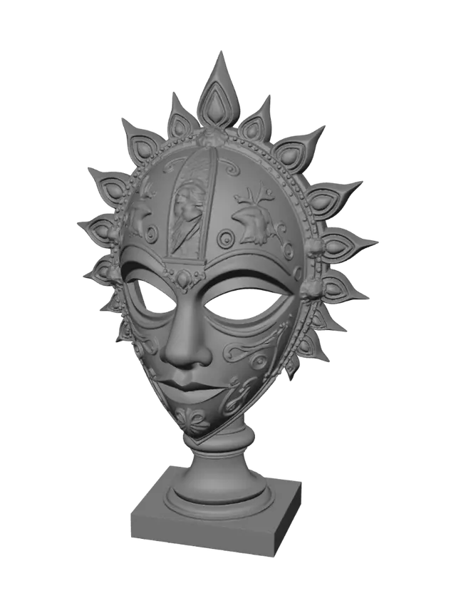 3D model for Kıpçak Türklerinin maskesini örnek alarak bir heykel oluştur. Heykel'in bir kısmında ise Türk tarihini tanımlayacak birleşik figürler olsun. Heykelin iç kısmı gibi görünmeli. Sanki masada sergilenecek gibi bir standlı oluşturmalısın. Kafa kısmı Tam bir şekilde olmalı ve bir kısmı açılmış şekilde içerisinde ise kültür görünümleri olmalı.