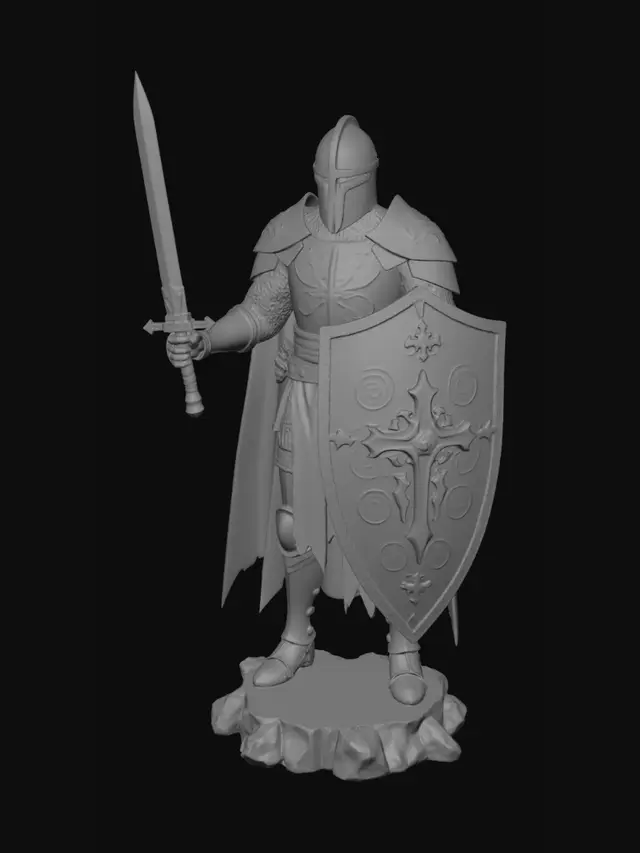 3D model for 1, A Human Paladin Sword Knight  Dungeons and Dragons style game piece. With skeleton parts on the base. The paladin is wearing Holy Heavy Armor and wielding a beautifully forged ancient long forgotten magical holy blade. And shield baring a Large Cross. Showing signs of Battle the Paladin has waged many wars.
2. Sir Galahad, Knight of the Round Table
generate a 3D model that has appearance similar to that of model from prompt 1 and body posture and limb positioning that of model from prompt 2