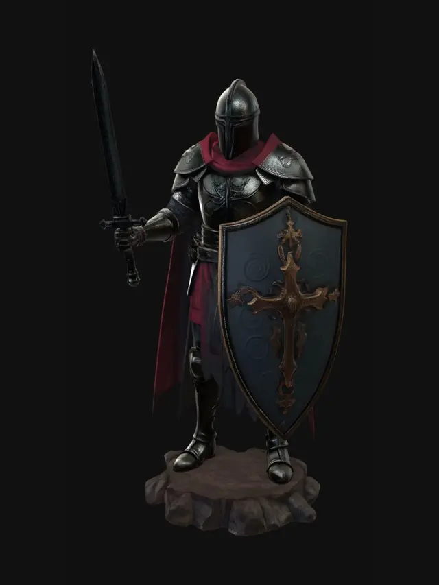 3D model for 1, A Human Paladin Sword Knight  Dungeons and Dragons style game piece. With skeleton parts on the base. The paladin is wearing Holy Heavy Armor and wielding a beautifully forged ancient long forgotten magical holy blade. And shield baring a Large Cross. Showing signs of Battle the Paladin has waged many wars.
2. Sir Galahad, Knight of the Round Table
generate a 3D model that has appearance similar to that of model from prompt 1 and body posture and limb positioning that of model from prompt 2