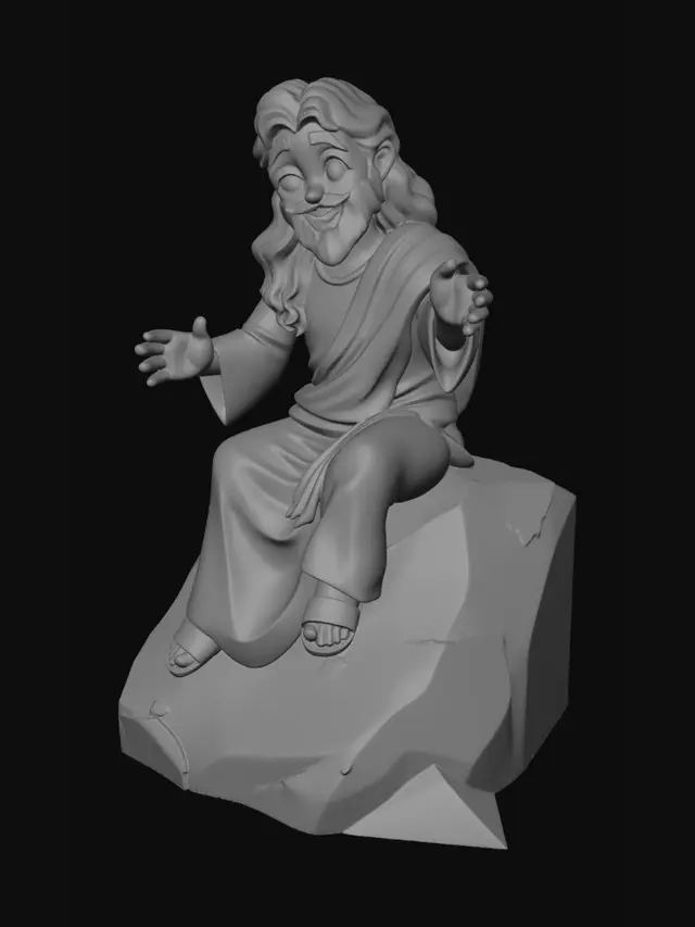 3D model for Cartoon Jesus sitting on a rock,
friendly face,
white robe,
beige shawl,
brown sandals,
children ministry style,
clean topology,
full body,
game ready,
Unity compatible,
stylized,
extended arm for hugging a child beside him,
high quality textures