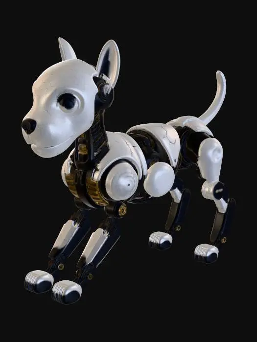 3D model for Create a cute and highly detailed dog robot with cracked porcelain robotic parts and a biomechanical interior. The outer shell is broken and chipped, revealing cables, pistons, layered machinery and gold circuitry. The character looks ancient, worn, fragmented and repeatedly repaired. Emphasize robotic anatomy: exposed joints, mechanical neck, visible spine and synthetic muscle layers. Materials include porcelain, brushed and oxidized metal, dark polymers and gold details. Surfaces are rough, imperfect and asymmetrical. No clean sci-fi armor, no smooth surfaces. Style is hyper-realistic, cinematic, dark sci-fi, biomechanical and gritty. Mood is melancholic, fragile yet powerful. High poly, ultra-detailed, PBR materials. Very high detail, maximum wear, minimum cleanliness, high complexity.