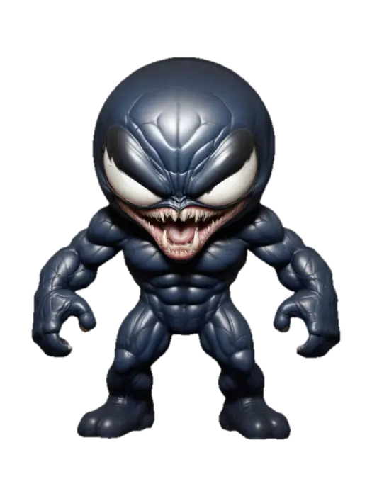 Venom. Muscular body. Menacing expression. Chibi art style. Well-proportioned.… 3D model, vytvořený pomocí AI