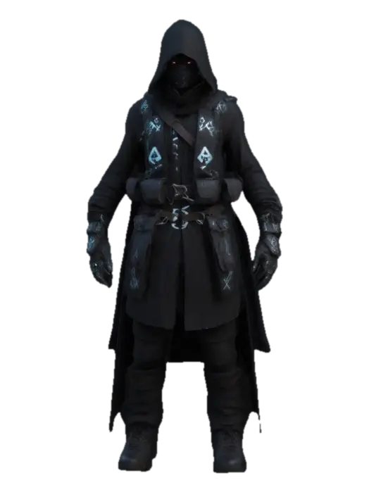 A realistic humanoid assassin character. Wearing an occult inspired dark outfit… - Cloaked 3D model, vytvořený pomocí AI