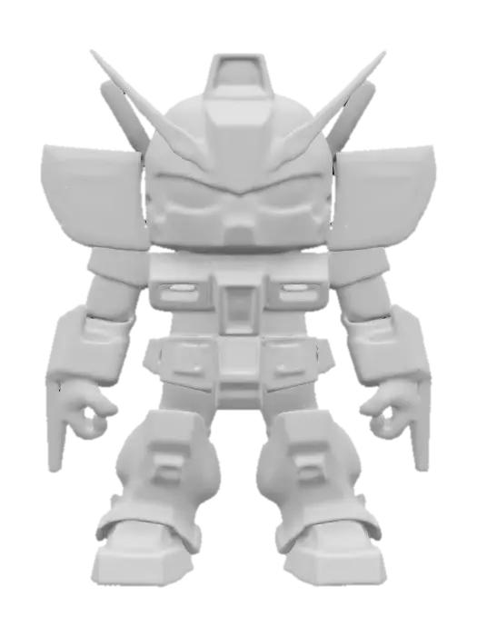 3D model for GUNDAM. Muscular body. Menacing expression. Chibi art style. Well-proportioned. Clearly defined features. Highly detailed. Highly stylized. Walls and features are at least 2mm thick. Bold, recessed features with a depth of at least 2mm. Sharp, clean lines. Embossed features to rise at least 2mm above the surface. DND.