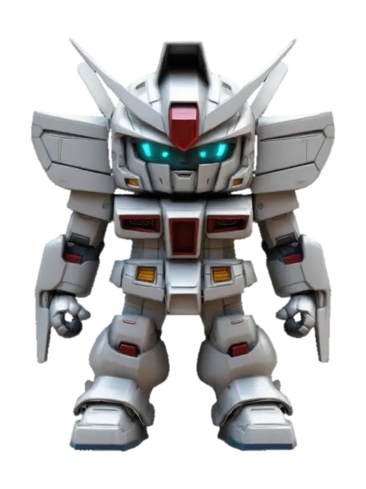 3D model for GUNDAM. Muscular body. Menacing expression. Chibi art style. Well-proportioned. Clearly defined features. Highly detailed. Highly stylized. Walls and features are at least 2mm thick. Bold, recessed features with a depth of at least 2mm. Sharp, clean lines. Embossed features to rise at least 2mm above the surface. DND.