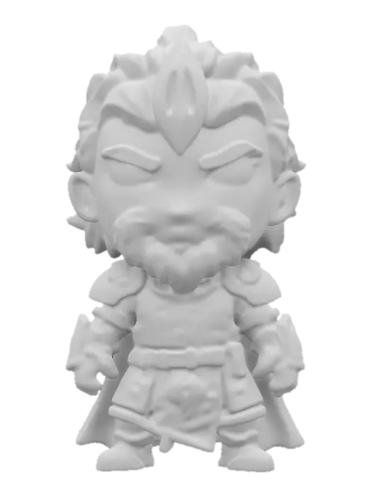 3D model for "The Hound" from A Game Of Thrones. Chibi art style. Clearly defined features. Highly stylized. Highly detailed. All walls and features at least 2mm thick. Include bold, recessed features with a depth of at least 2mm. Maintain sharp, clean lines with no unnecessary fine or jagged edges. Design embossed features to rise at least 2mm above the surface. Recess etched details at least 2mm deep for clarity.