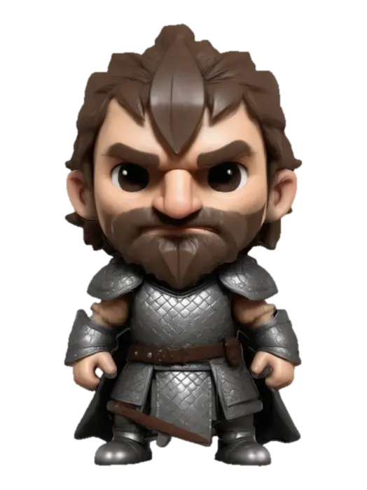 3D model for "The Hound" from A Game Of Thrones. Chibi art style. Clearly defined features. Highly stylized. Highly detailed. All walls and features at least 2mm thick. Include bold, recessed features with a depth of at least 2mm. Maintain sharp, clean lines with no unnecessary fine or jagged edges. Design embossed features to rise at least 2mm above the surface. Recess etched details at least 2mm deep for clarity.