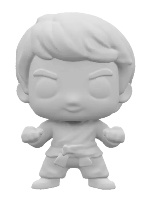 3D model for Bruce Lee from Enter The Dragon. Chibi art style. Clearly defined features. Highly stylized. Highly detailed. All walls and features at least 2mm thick. Include bold, recessed features with a depth of at least 2mm. Maintain sharp, clean lines with no unnecessary fine or jagged edges. Design embossed features to rise at least 2mm above the surface. Recess etched details at least 2mm deep for clarity.