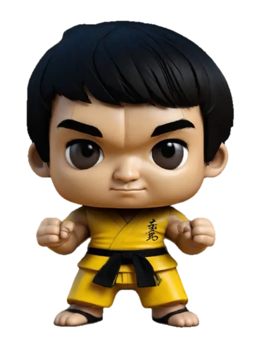 3D model for Bruce Lee from Enter The Dragon. Chibi art style. Clearly defined features. Highly stylized. Highly detailed. All walls and features at least 2mm thick. Include bold, recessed features with a depth of at least 2mm. Maintain sharp, clean lines with no unnecessary fine or jagged edges. Design embossed features to rise at least 2mm above the surface. Recess etched details at least 2mm deep for clarity.