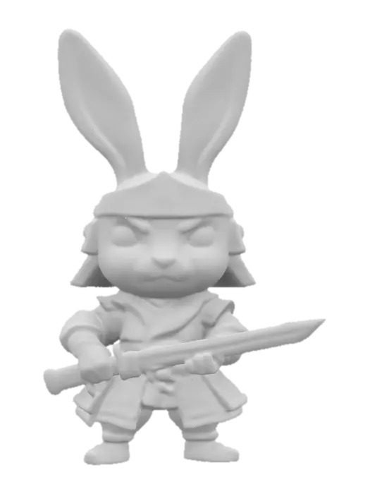 3D model for Samurai Bunny warrior. Chibi art style. Clearly defined features. Highly stylized. Highly detailed. All walls and features at least 2mm thick. Include bold, recessed features with a depth of at least 2mm. Maintain sharp, clean lines with no unnecessary fine or jagged edges. Design embossed features to rise at least 2mm above the surface. Recess etched details at least 2mm deep for clarity.