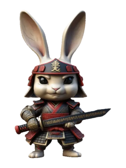 3D model for Samurai Bunny warrior. Chibi art style. Clearly defined features. Highly stylized. Highly detailed. All walls and features at least 2mm thick. Include bold, recessed features with a depth of at least 2mm. Maintain sharp, clean lines with no unnecessary fine or jagged edges. Design embossed features to rise at least 2mm above the surface. Recess etched details at least 2mm deep for clarity.