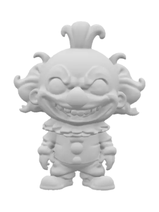 3D model for A Scary Clown. Chibi art style. Clearly defined features. Highly stylized. Highly detailed. All walls and features at least 2mm thick. Include bold, recessed features with a depth of at least 2mm. Maintain sharp, clean lines with no unnecessary fine or jagged edges. Design embossed features to rise at least 2mm above the surface. Recess etched details at least 2mm deep for clarity.