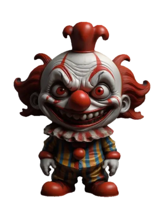 3D model for A Scary Clown. Chibi art style. Clearly defined features. Highly stylized. Highly detailed. All walls and features at least 2mm thick. Include bold, recessed features with a depth of at least 2mm. Maintain sharp, clean lines with no unnecessary fine or jagged edges. Design embossed features to rise at least 2mm above the surface. Recess etched details at least 2mm deep for clarity.