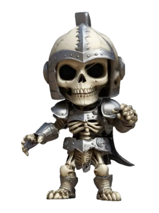 A Skeleton Knight. Fight Stance. Chibi art style. Clearly defined facial features.… 3D model, vytvořený pomocí AI