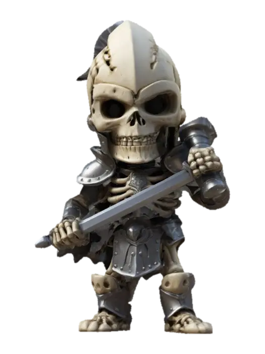 A Skeleton Knight. Fight Stance. Chibi art style. Clearly defined facial features.… 3D model, vytvořený pomocí AI