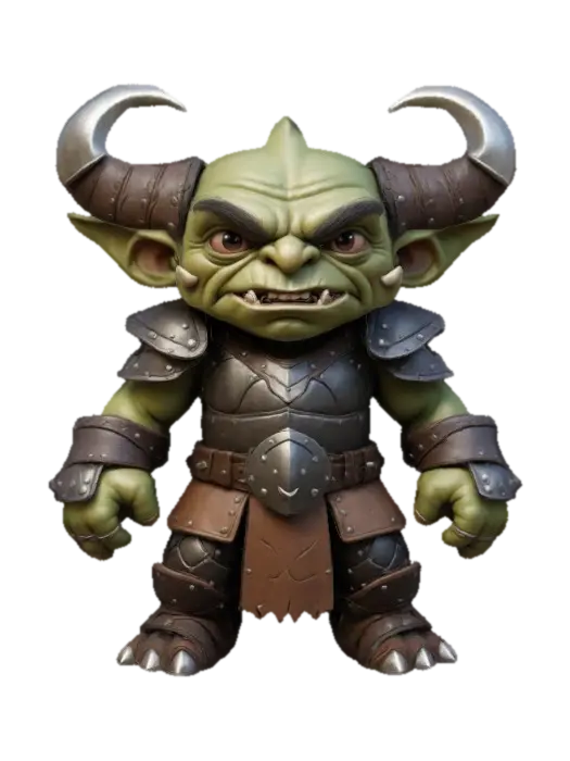 An Orc wearing Leather Armour in a Fight Stance. Kawaii art style. Clearly defined… 3D model, vytvořený pomocí AI