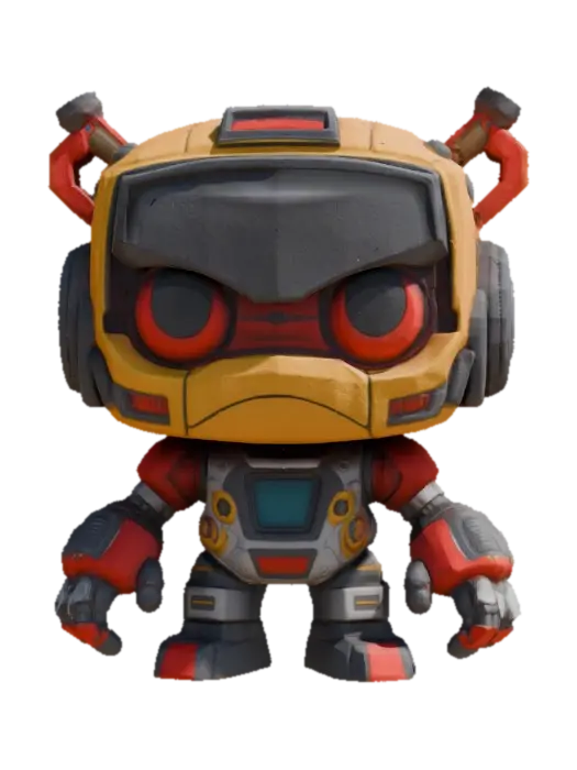 3D model for Robot,Chibi art style. Hand painted designer Vinyl collectible. Clearly defined facial features. Highly detailed. Highly stylized. Ensure all walls and features are at least 2mm thick. Include bold, recessed features with a depth of at least 2mm. Maintain sharp, clean lines with no unnecessary fine or jagged edges. Design embossed features to rise at least 2mm above the surface. Recess etched details at least 2mm deep for clarity. Best detailed mesh.