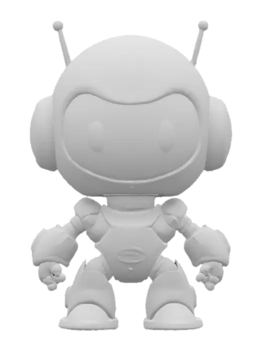 3D model for Robot,Chibi art style. Hand painted designer Vinyl collectible. Clearly defined facial features. Highly detailed. Highly stylized. Ensure all walls and features are at least 2mm thick. Include bold, recessed features with a depth of at least 2mm. Maintain sharp, clean lines with no unnecessary fine or jagged edges. Design embossed features to rise at least 2mm above the surface. Recess etched details at least 2mm deep for clarity. Best detailed mesh., #game figure#, #game figure#