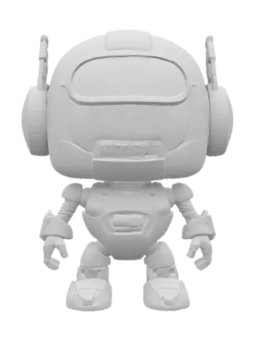 3D model for Robot,Chibi art style. Hand painted designer Vinyl collectible. Clearly defined facial features. Highly detailed. Highly stylized. Ensure all walls and features are at least 2mm thick. Include bold, recessed features with a depth of at least 2mm. Maintain sharp, clean lines with no unnecessary fine or jagged edges. Design embossed features to rise at least 2mm above the surface. Recess etched details at least 2mm deep for clarity. Best detailed mesh., #game figure#, #game figure#