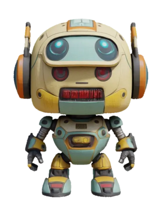3D model for Robot,Chibi art style. Hand painted designer Vinyl collectible. Clearly defined facial features. Highly detailed. Highly stylized. Ensure all walls and features are at least 2mm thick. Include bold, recessed features with a depth of at least 2mm. Maintain sharp, clean lines with no unnecessary fine or jagged edges. Design embossed features to rise at least 2mm above the surface. Recess etched details at least 2mm deep for clarity. Best detailed mesh., #game figure#, #game figure#