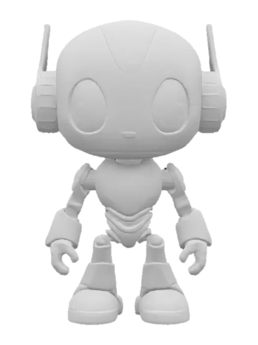 3D model for Robot,Chibi art style. Hand painted designer Vinyl collectible. Clearly defined facial features. Highly detailed. Highly stylized. Ensure all walls and features are at least 2mm thick. Include bold, recessed features with a depth of at least 2mm. Maintain sharp, clean lines with no unnecessary fine or jagged edges. Design embossed features to rise at least 2mm above the surface. Recess etched details at least 2mm deep for clarity. Best detailed mesh., #game figure#, #game figure#
