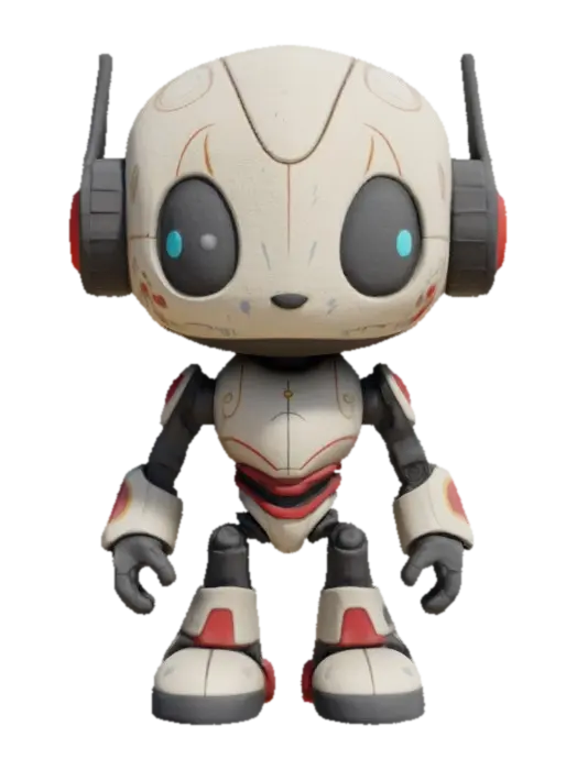 3D model for Robot,Chibi art style. Hand painted designer Vinyl collectible. Clearly defined facial features. Highly detailed. Highly stylized. Ensure all walls and features are at least 2mm thick. Include bold, recessed features with a depth of at least 2mm. Maintain sharp, clean lines with no unnecessary fine or jagged edges. Design embossed features to rise at least 2mm above the surface. Recess etched details at least 2mm deep for clarity. Best detailed mesh., #game figure#, #game figure#