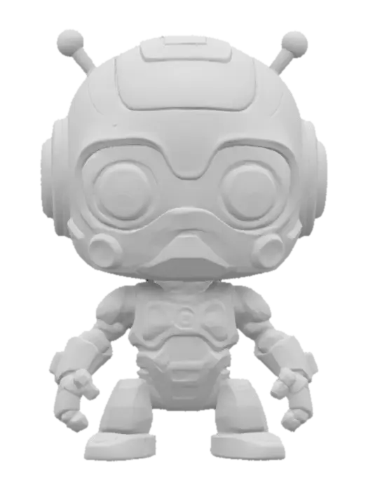 3D model for Robot,Chibi art style. Hand painted designer Vinyl collectible. Clearly defined facial features. Highly detailed. Highly stylized. Ensure all walls and features are at least 2mm thick. Include bold, recessed features with a depth of at least 2mm. Maintain sharp, clean lines with no unnecessary fine or jagged edges. Design embossed features to rise at least 2mm above the surface. Recess etched details at least 2mm deep for clarity. Best detailed mesh., #game figure#, #game figure#