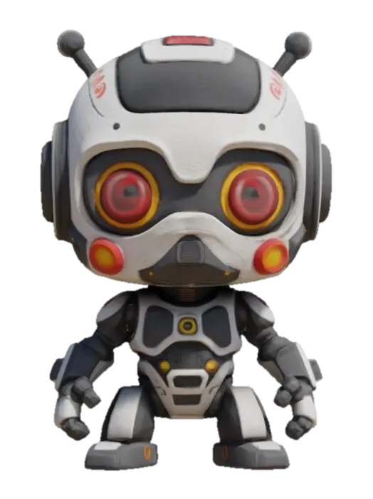 3D model for Robot,Chibi art style. Hand painted designer Vinyl collectible. Clearly defined facial features. Highly detailed. Highly stylized. Ensure all walls and features are at least 2mm thick. Include bold, recessed features with a depth of at least 2mm. Maintain sharp, clean lines with no unnecessary fine or jagged edges. Design embossed features to rise at least 2mm above the surface. Recess etched details at least 2mm deep for clarity. Best detailed mesh., #game figure#, #game figure#