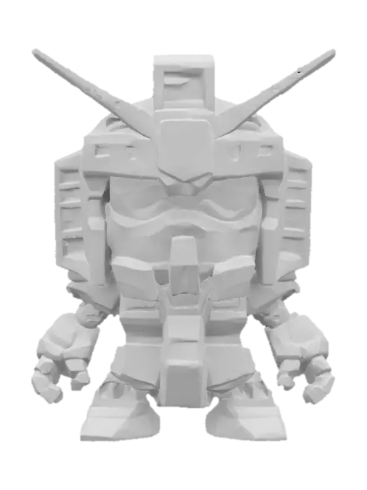 3D model for Gundam, #game figure#,  Robot,Chibi art style. Hand painted designer Vinyl collectible. Clearly defined facial features. Highly detailed. Highly stylized. Ensure all walls and features are at least 2mm thick. Include bold, recessed features with a depth of at least 2mm. Maintain sharp, clean lines with no unnecessary fine or jagged edges. Design embossed features to rise at least 2mm above the surface. Recess etched details at least 2mm deep for clarity. Best detailed mesh., #game figure#
