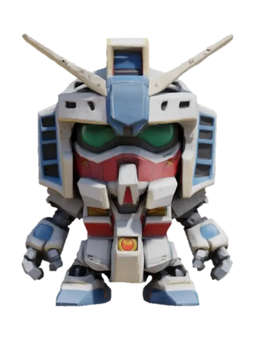 3D model for Gundam, #game figure#,  Robot,Chibi art style. Hand painted designer Vinyl collectible. Clearly defined facial features. Highly detailed. Highly stylized. Ensure all walls and features are at least 2mm thick. Include bold, recessed features with a depth of at least 2mm. Maintain sharp, clean lines with no unnecessary fine or jagged edges. Design embossed features to rise at least 2mm above the surface. Recess etched details at least 2mm deep for clarity. Best detailed mesh., #game figure#
