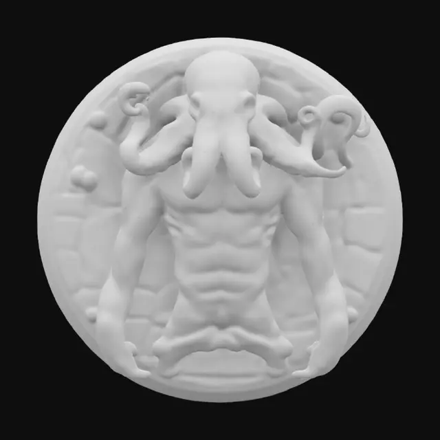 3D model for The sculpture features a muscular humanoid figure with an octopus head, enveloped by detailed, coiling tentacles, displayed in a circular stone relief with a textured, marble-like finish., Marble, Highly Detailed, Ultra Realistic, PolishedHighly stylized. Highly detailed. Sharp, clean lines. All walls and features at least 2mm thick. Bold, recessed features with a depth of at least 2mm. Embossed features to rise at least 2mm above the surface. Recess etched details at least 2mm deep.