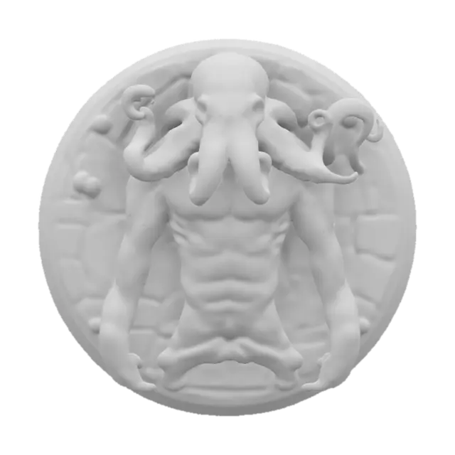 3D model for The sculpture features a muscular humanoid figure with an octopus head, enveloped by detailed, coiling tentacles, displayed in a circular stone relief with a textured, marble-like finish., Marble, Highly Detailed, Ultra Realistic, PolishedHighly stylized. Highly detailed. Sharp, clean lines. All walls and features at least 2mm thick. Bold, recessed features with a depth of at least 2mm. Embossed features to rise at least 2mm above the surface. Recess etched details at least 2mm deep.