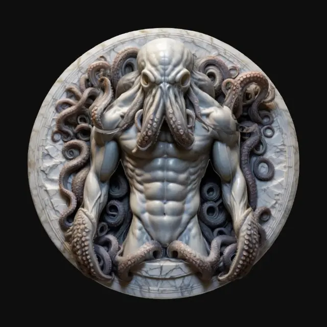 3D model for The sculpture features a muscular humanoid figure with an octopus head, enveloped by detailed, coiling tentacles, displayed in a circular stone relief with a textured, marble-like finish., Marble, Highly Detailed, Ultra Realistic, PolishedHighly stylized. Highly detailed. Sharp, clean lines. All walls and features at least 2mm thick. Bold, recessed features with a depth of at least 2mm. Embossed features to rise at least 2mm above the surface. Recess etched details at least 2mm deep.