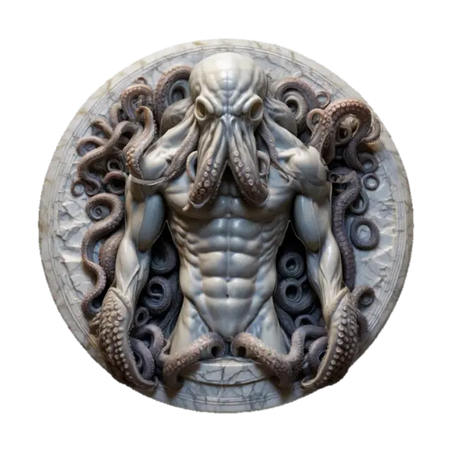 3D model for The sculpture features a muscular humanoid figure with an octopus head, enveloped by detailed, coiling tentacles, displayed in a circular stone relief with a textured, marble-like finish., Marble, Highly Detailed, Ultra Realistic, PolishedHighly stylized. Highly detailed. Sharp, clean lines. All walls and features at least 2mm thick. Bold, recessed features with a depth of at least 2mm. Embossed features to rise at least 2mm above the surface. Recess etched details at least 2mm deep.