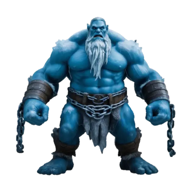 a frost giant, with chains attached to his hands, carrying a barrel 3D model, vytvořený pomocí AI