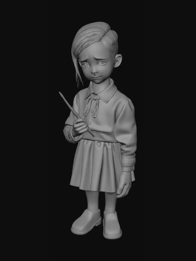 3D model for A character model of a young school child, pale and weeping, with dark stains on their clothes. They are wearing a distressed and dirty old-fashioned school uniform. In their hand, they are holding a single broken paint brush. Subtle glowing eyes, with floating dust and shadow effects. Optimized for Roblox game style, highly detailed PBR textures, dark but non-graphic atmospheric style.