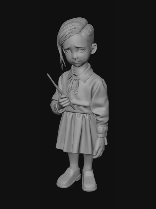 3D model for A character model of a young school child, pale and weeping, with dark stains on their clothes. They are wearing a distressed and dirty old-fashioned school uniform. In their hand, they are holding a single broken paint brush. Subtle glowing eyes, with floating dust and shadow effects. Optimized for Roblox game style, highly detailed PBR textures, dark but non-graphic atmospheric style.