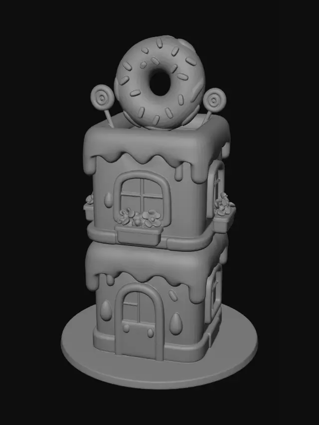 3D model for cute pastel donut shop,
toy building,
large donut sign on the roof,
pink frosting details,
mint blue windows,
rounded architecture,
simple geometry,
matte plastic material,
kawaii city asset,
clean white background,
isometric view