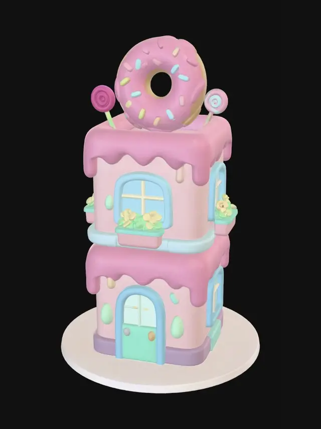 3D model for cute pastel donut shop,
toy building,
large donut sign on the roof,
pink frosting details,
mint blue windows,
rounded architecture,
simple geometry,
matte plastic material,
kawaii city asset,
clean white background,
isometric view