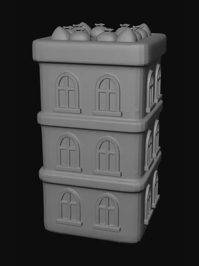 3D model for cute pastel toy apartment building,
4 floors,
soft rounded corners,
pink walls,
mint blue arched windows,
rooftop garden with small bushes,
simple geometry,
matte plastic material,
kawaii style,
miniature city asset,
mobile game prop,
clean white background,
isometric view