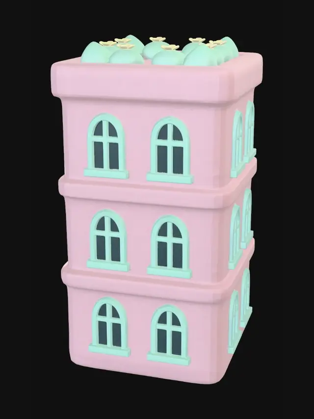 3D model for cute pastel toy apartment building,
4 floors,
soft rounded corners,
pink walls,
mint blue arched windows,
rooftop garden with small bushes,
simple geometry,
matte plastic material,
kawaii style,
miniature city asset,
mobile game prop,
clean white background,
isometric view