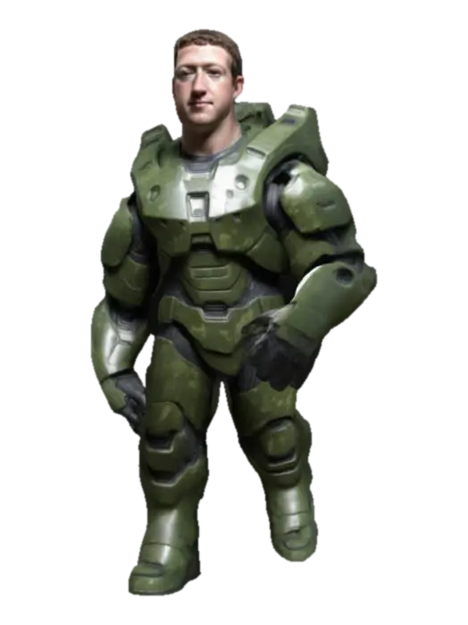 Mark Zuckerberg in camo-green Halo Spartan armor, full body armor no helmet, curly… - Ceo 3D model, vytvořený pomocí AI