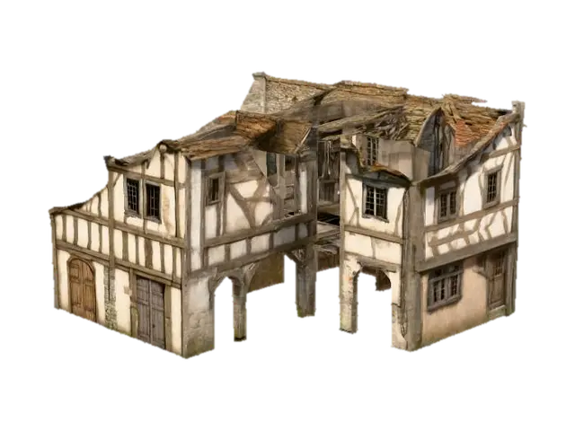 a street with tall slender townhousees in the medival era, for game assets, many… - Streets 3D model, vytvořený pomocí AI