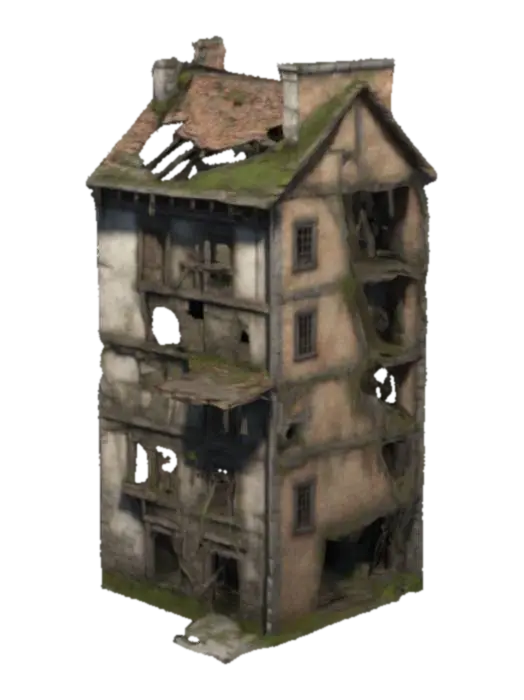 Medieval ruined row house, Game Asset, Highly Detailed, Ultra Realistic, 3 stories,… - Of 3D model, vytvořený pomocí AI