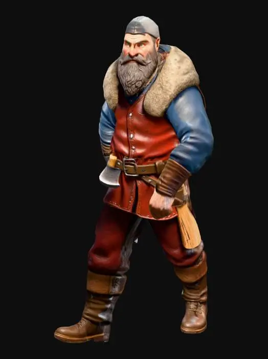 3D model for A realistic 3D miniature model of a medieval lumberjack worker for board game, full body, wearing leather clothes, holding an axe, detailed textures, standing pose, stylized but realistic proportions suitable for 3D printing, include front, side, and back reference.
