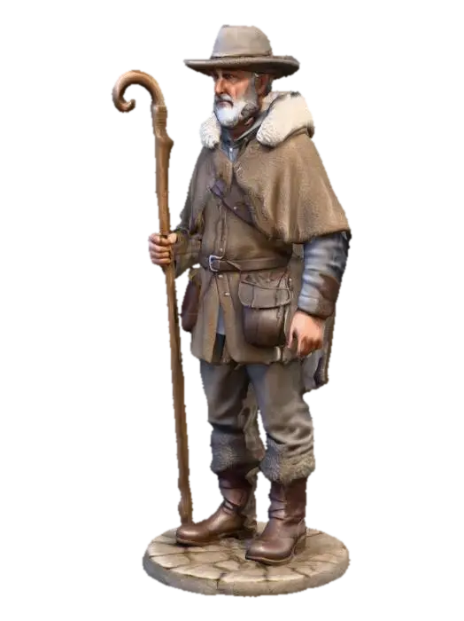 A realistic 3D miniature shepherd worker character for a medieval village board… 3D model, vytvořený pomocí AI